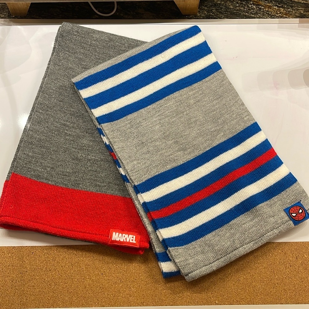 NWOT Striped‎ Spider-Man Scarf AND Gray & Red Marvel Scarf about 49”x8” in size